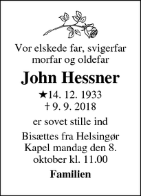 Dødsannoncen for John Hessner - Helsingør