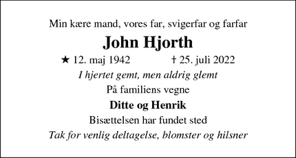 Dødsannoncen for John Hjorth - Hillerød