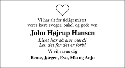 Dødsannoncen for John Højrup Hansen - Søndersø