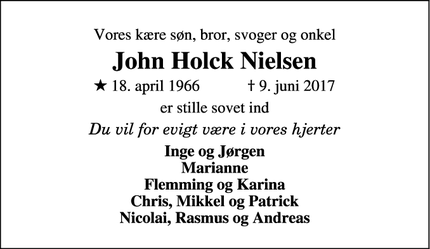Dødsannoncen for John Holck Nielsen - Thorsager