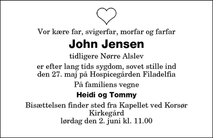 Dødsannoncen for John Jensen  - Nørre Alslev