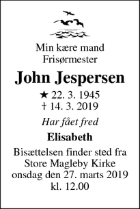 Dødsannoncen for John Jespersen - Dragør