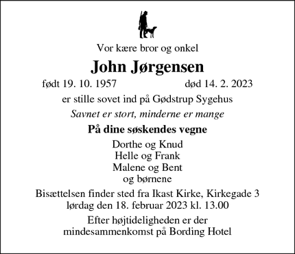 Dødsannoncen for John Jørgensen - Spjald