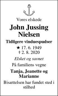 Dødsannoncen for John Jussing Nielsen - Roskilde