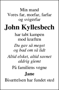 Dødsannoncen for John Kyllesbech - Kgs Lyngby