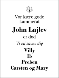 Dødsannoncen for John Lajlev - Herning