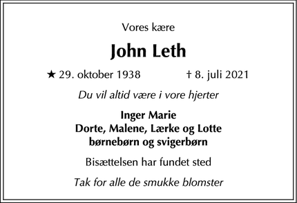 Dødsannoncen for John Leth - Birkerød