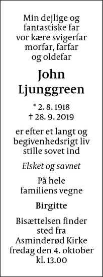 Dødsannoncen for John Ljunggreen - Fredensborg