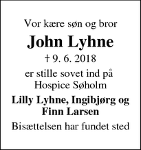 Dødsannoncen for John Lyhne - Viby J