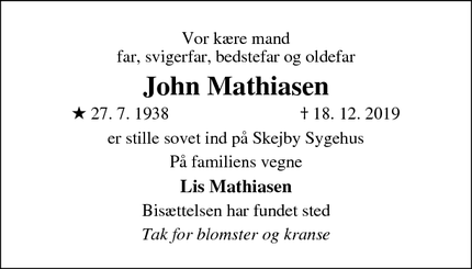 Dødsannoncen for John Mathiasen - Randers