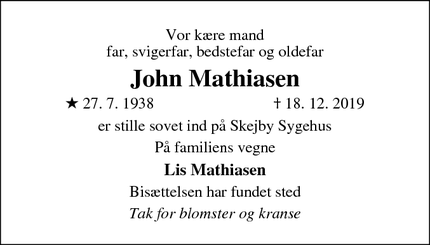 Dødsannoncen for John Mathiasen - Randers