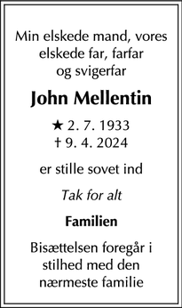 Dødsannoncen for John Mellentin - Hellerup