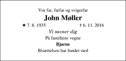 Dødsannoncen for John Møller - Ølstykke