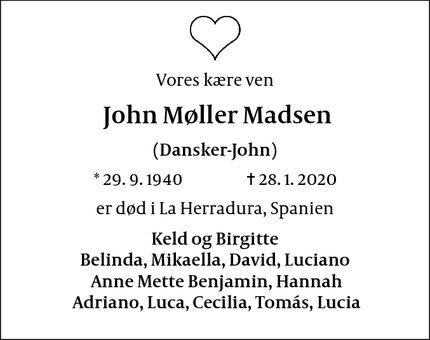 Dødsannoncen for  John Møller Madsen - Johannes V. Jensens allé 52,4, 2000 Fred