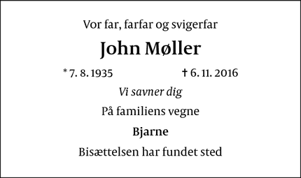 Dødsannoncen for John Møller - Ølstykke