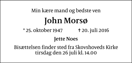 Dødsannoncen for John Morsø - Ordrup
