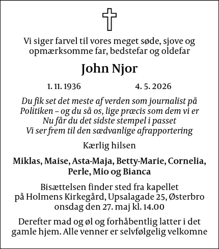 Dødsannoncen for John Njor - Rørvig