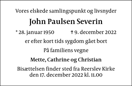 Dødsannoncen for John Paulsen Severin - Hedehusene/Reerslev