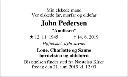 Dødsannoncen for John Pedersen - Bonderup