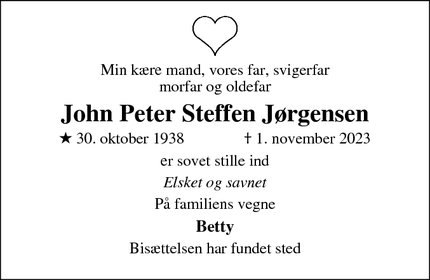 Dødsannoncen for John Peter Steffen Jørgensen - Frederiksværk