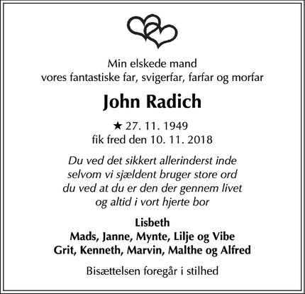 Dødsannoncen for John Radich - Allerød