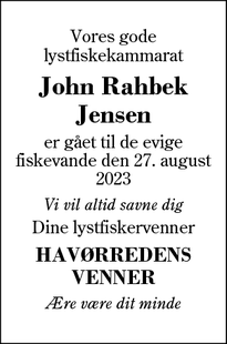 Dødsannoncen for John Rahbek
Jensen - Aulum