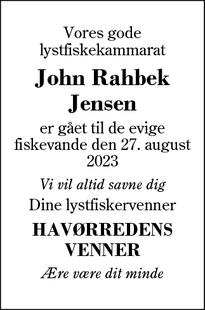 Dødsannoncen for John Rahbek
Jensen - Aulum