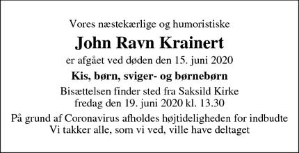 Dødsannoncen for John Ravn Krainert - Odder