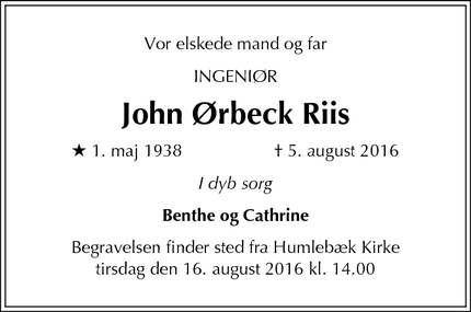 Dødsannoncen for John Ørbeck Riis - Hellerup