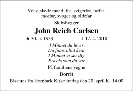 Dødsannoncen for John Reich Carlsen - Hornbæk