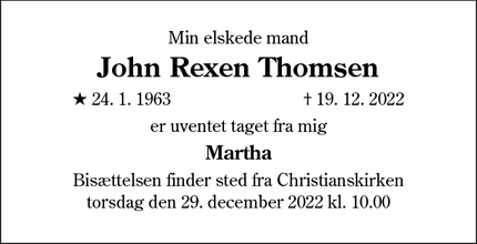 Dødsannoncen for John Rexen Thomsen - Sønderborg