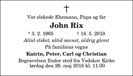 Dødsannoncen for John Rix - København