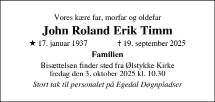 Dødsannoncen for John Roland Erik Timm - Ølstykke