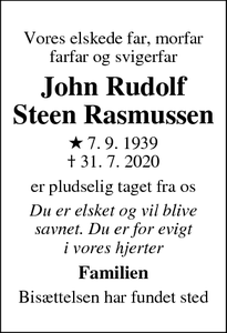 Dødsannoncen for John Rudolf
Steen Rasmussen - Blistrup