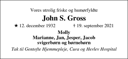 Dødsannoncen for John S. Gross - Ordrup - 2920 Charlottenlund