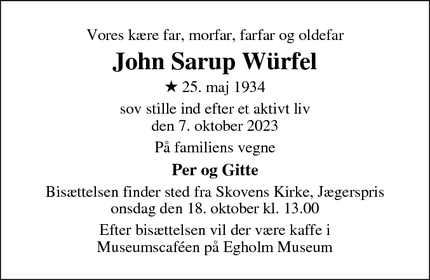 Dødsannoncen for John Sarup Würfel - Jægerspris