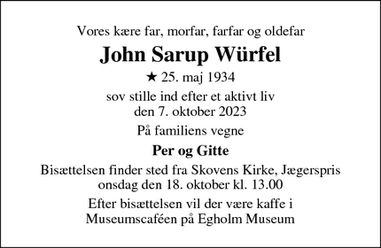 Dødsannoncen for John Sarup Würfel - Jægerspris