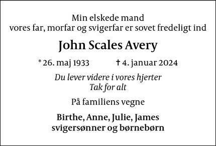 Dødsannoncen for John Scales Avery - Albertslund