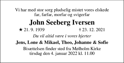 Dødsannoncen for John Seeberg Iversen - Vejle