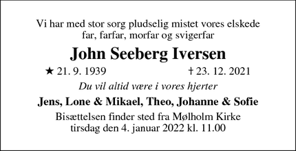 Dødsannoncen for John Seeberg Iversen - Vejle