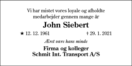 Dødsannoncen for John Siebert - Padborg