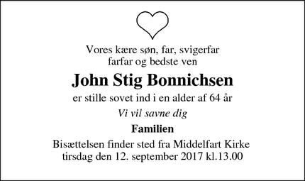 Dødsannoncen for John Stig Bonnichsen - Middelfart