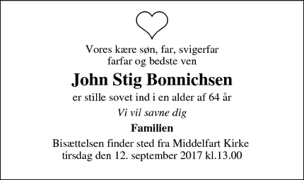 Dødsannoncen for John Stig Bonnichsen - Middelfart