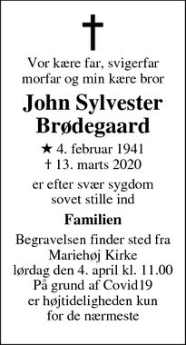 Dødsannoncen for John Sylvester
Brødegaard - Silkeborg 
