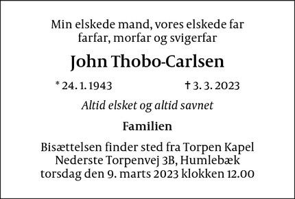 Dødsannoncen for John Thobo-Carlsen - Humlebæk