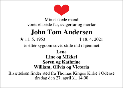 Dødsannoncen for John Tom Andersen - Odense M
