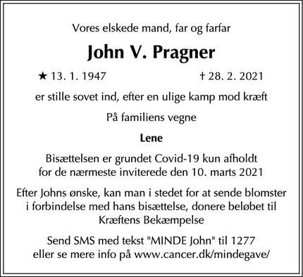 Dødsannoncen for John V. Pragner - Rødovre