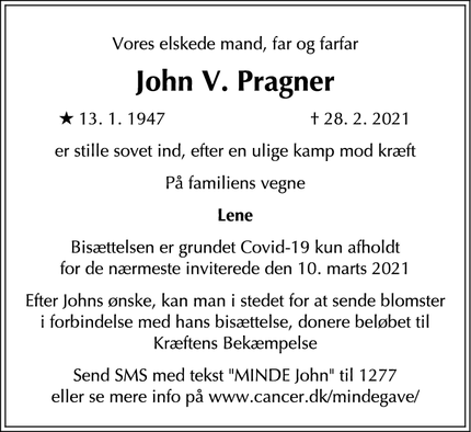 Dødsannoncen for John V. Pragner - Rødovre