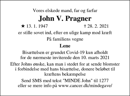 Dødsannoncen for John V. Pragner - Rødovre