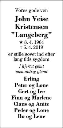 Dødsannoncen for John Veise Kristensen
"Langeberg" - Fjelstervang